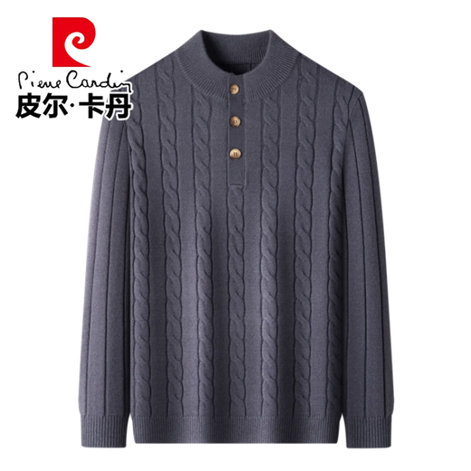 Pierre Cardin flagship store heavyweight sheep wool henley collar sweater for men spring and autumn thickened warm old money style base sweater mocha brown XL 115