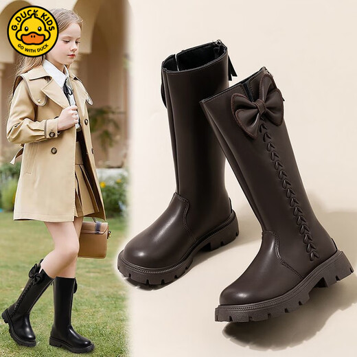 G.duck Little Yellow Duck Girls' Boots Children's High Boots 2025 Long Boots Autumn and Winter New Style Girls' Plush Leather Boots Princess Style Black Single Shoes 27 Inner Length 16.8 cm