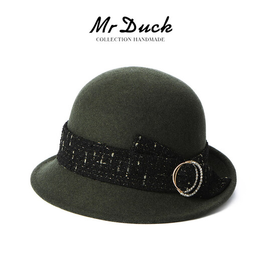 Mr DUCK French style dark antique green handmade small fragrant webbing curled top hat Autumn fisherman basin hat for women MW36658-dark antique green (retro basin hat M (55-58cm)