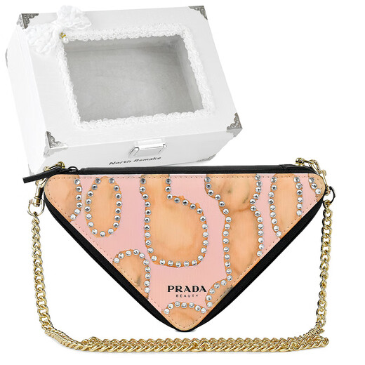 PRADA Diamond Girl Hand-painted Beads Chain Oxidized Cosmetic Bag Handbag Crossbody Bag Pink Diamond Sweetheart-Black Gift Box
