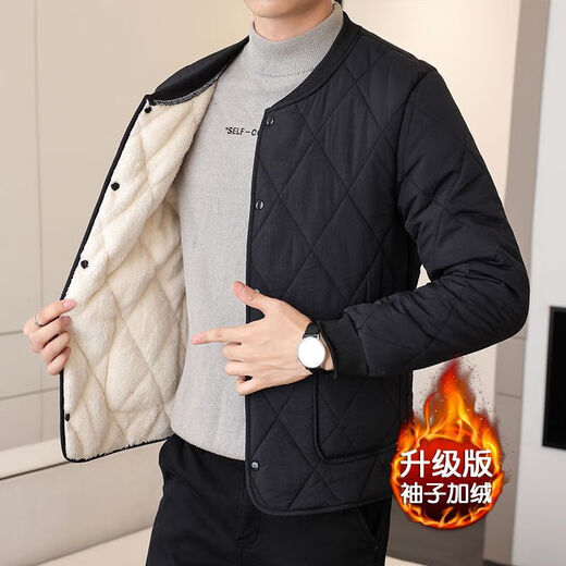 Men's short velvet and thickened liner cotton-padded jacket for autumn and winter, small cotton-padded jacket for inner wear, casual warm cotton coat, black 2XL 135-153Jin Jin equals 0.5 kg