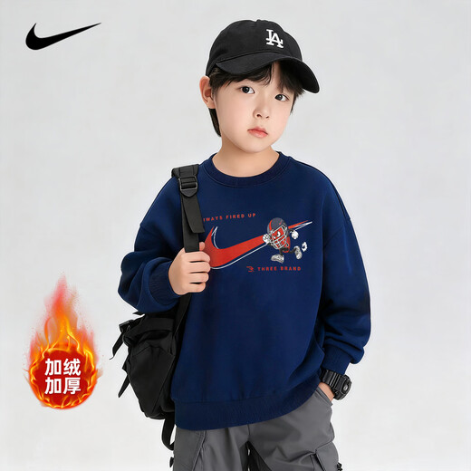 NIKE Nike Boys Suit Plus Velvet Winter 2025 New Girls Sports Cotton Sweater Two-piece Set Children's Long Sleeve Indigo 2198 Autumn and Winter Plus Velvet Style High Weight 140 /S Recommended Height 128-140cm