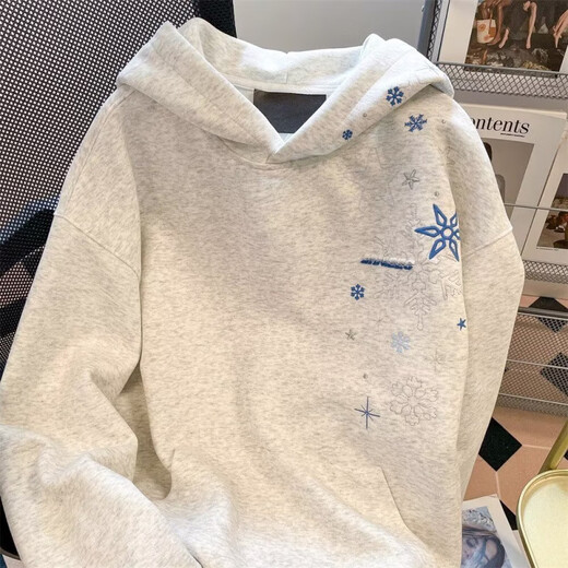 雪花星星刺绣连帽卫衣男秋季重磅廓形宽松oversize高街百搭外套男 浅灰色 L 建议100-120斤