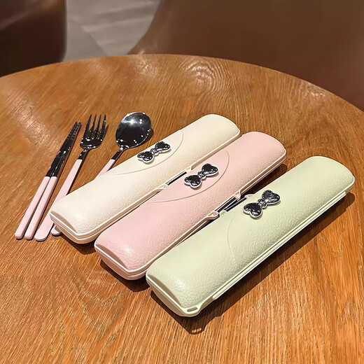 Xinnan primary school student chopsticks and spoon set children's 304 stainless steel portable tableware three-piece set with exquisite storage box for women bow tie tableware three-piece set bean paste powder