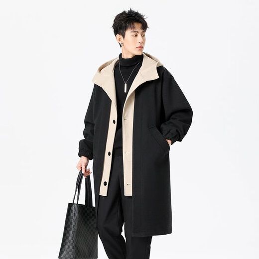 Mu Fanmian spring new fake two-piece woolen coat men's long hooded knee-length large size loose fat spring and autumn windbreaker jacket black thickened L suitable for 125 to 150 Jin Jin equals 0.5 kg