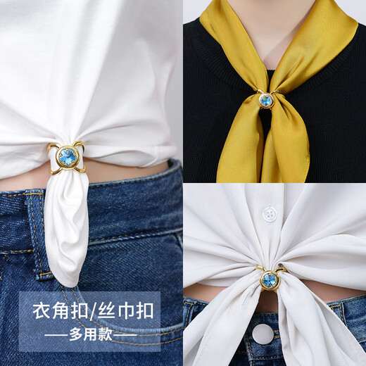 Zuoou women's high-end silk scarf button blue rhinestone bow knotted fixed button shirt streamer buckle small square scarf clip gold blue rhinestone