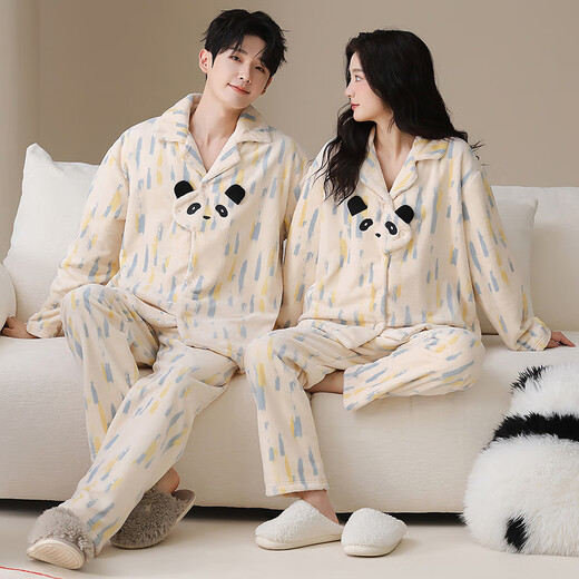 LangSha coral velvet couple pajamas for men and women in autumn and winter plus velvet thickened warm flannel cute cartoon home clothes cartoon bear women's L
