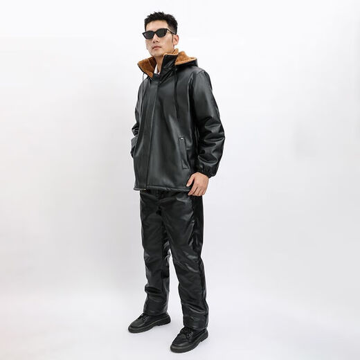 Zhiyunyan leather jacket and leather trousers suit plus velvet and thickening to keep warm, waterproof, oil-proof, windproof and cold-proof, take-out driver's labor insurance set 4XL 165-190Jin Jin equals 0.5 kg
