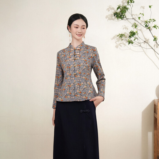 Cloth charm blue clip/glazed gourd silk cotton gourd flower button top 2025 winter new arrival printed warm blue clip M