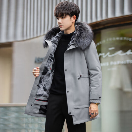 Falling party overcomes men's new set of rabbit fur lining with removable fur all-in-one winter coat mid-length 9819 gray mid-length 2XL