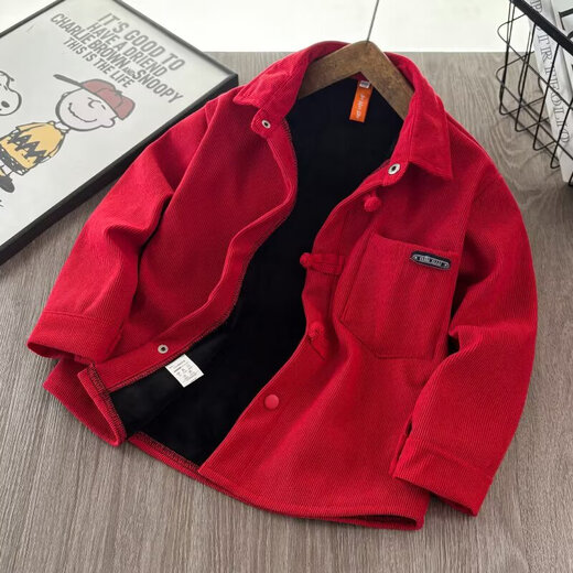 Boys' velvet long-sleeved shirt New Year's greetings clothes for children and babies Korean style trendy corduroy shirt tops red velvet 120