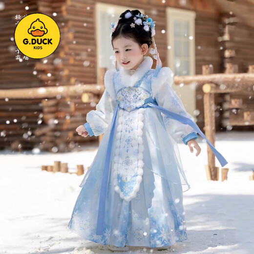 G.duck Winter Elsa Princess Dress Hanfu Girls Chinese Children's Frozen Plus Velvet Thickened Dress Cloak Cloak Ice and Snow Cloak and Skirt 110 Recommended for 3~4 years old 90-105cm