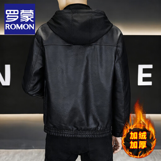 ROMON fake two-piece leather jacket for men 2025 new winter velvet thickened removable hood PU leather jacket warm windproof jacket black velvet style XL 105-125Jin Jin is equal to about 0.5 kg