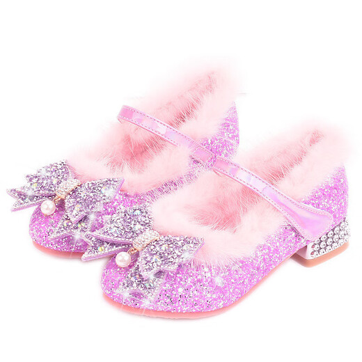 Ruiyang Girls High Heels Fashion Princess Shoes Autumn and Winter Children's Leather Shoes Little Girls Velvet Crystal Shoes Dance Performance Shoes Pink 29 Inner Length 18.9cm