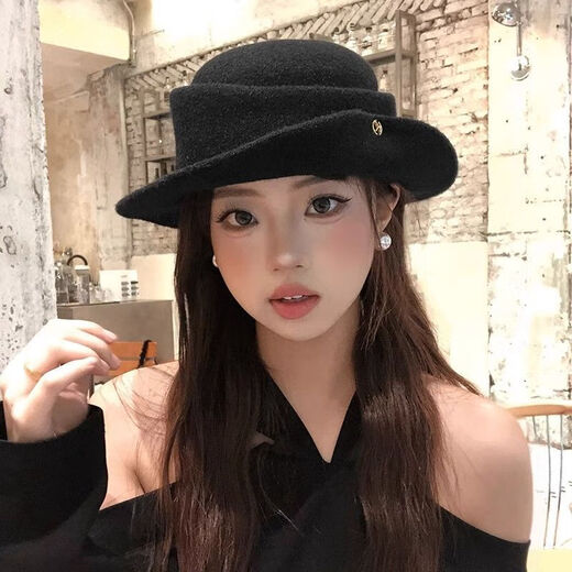 YWZR French Hepburn style elegant black top hat for women in autumn and winter, retro face-showing small curled woolen hat, fisherman hat, foreign daughter Hepburn style, black, elegant atmosphere/exquisite feeling UP, one size fits all (55-59cm) three-dimensional b