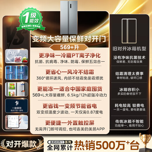 Midea refrigerator 569+ liters side-by-side door double door household first-class energy efficiency dual frequency conversion energy-saving air-cooled frost-free full space clean smell large capacity stocking refrigerator subsidy immediate discount 569+ liters
