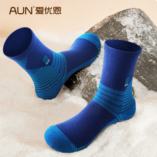 AUN thermal socks for men in autumn and winter, cold-proof outdoor socks, sports towel bottoms, solid color cotton socks, velvet thickened mid-calf socks, 1 dark blue, 1 gray white, 1 green, 1 blue, 4 pairs, one size fits all _(39-45.5)