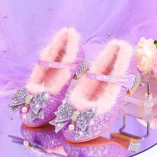 Ruiyang Girls High Heels Fashion Princess Shoes Autumn and Winter Children's Leather Shoes Little Girls Velvet Crystal Shoes Dance Performance Shoes Pink 29 Inner Length 18.9cm
