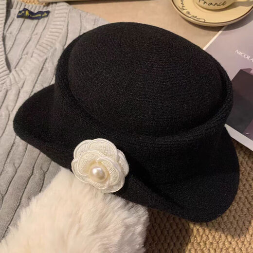 Miao Yijia hat Hepburn style hat for women autumn and winter 2026 new style fashionable and stylish small fisherman hat winter hat black basin hat black camellia gold hat (head circumference about 55-59cm)