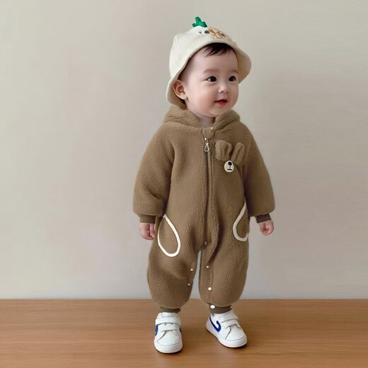 Disney (Disney) baby autumn and winter rompers for boys, thickened lamb wool clothes, baby thin cotton outing clothes, hooded open crotch jumpsuit, khaki color 36cm 66