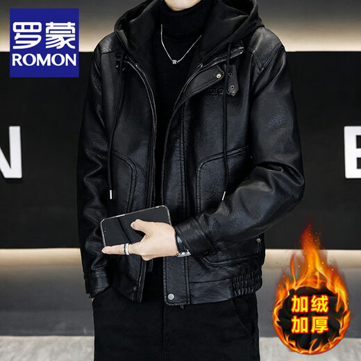 ROMON fake two-piece leather jacket for men 2025 new winter velvet thickened removable hood PU leather jacket warm windproof jacket black velvet style XL 105-125Jin Jin is equal to about 0.5 kg