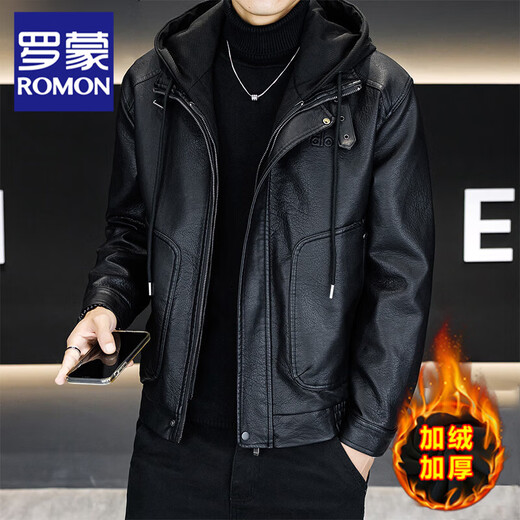 ROMON fake two-piece leather jacket for men 2025 new winter velvet thickened removable hood PU leather jacket warm windproof jacket black velvet style XL 105-125Jin Jin is equal to about 0.5 kg