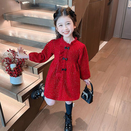 Girls Spring and Autumn Dresses 2025 New Children's Style Thickened Skirts Baby Girls Spring Princess New Year Skirts 118 Styles Spring and Autumn Ethnic Red 130
