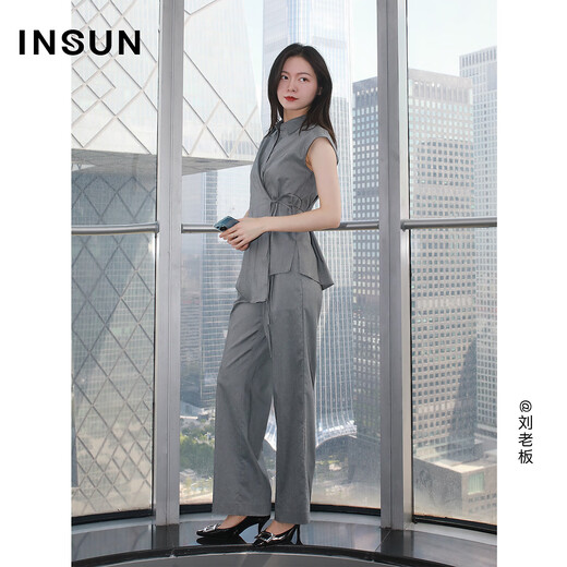 Enshang Enshang Summer Linen Tencel Minimalist Wide Leg Suit Pants Gray L