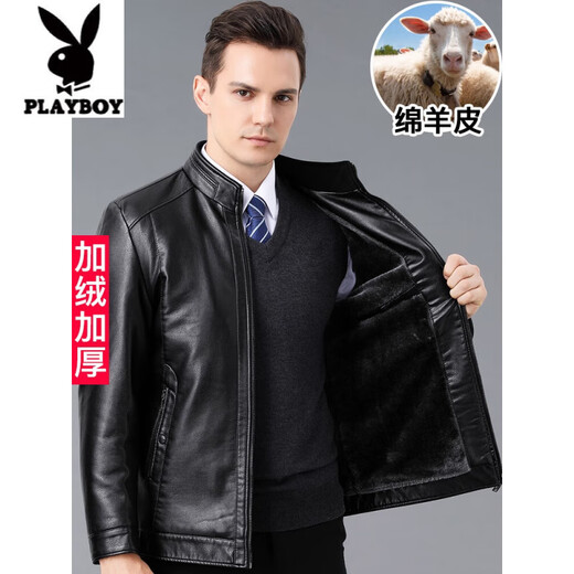 Playboy (PLAYBOY) middle-aged genuine leather jacket men Haining first layer sheepskin jacket dad velvet thickened coat winter A16 brown velvet thickened 2XL 185 (recommended 155-170Jin Jin equals 0.5 kg)