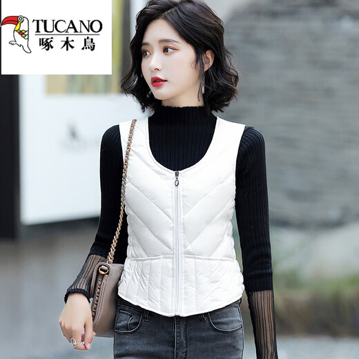 Woodpecker Vest Women's Autumn and Winter 2025 New Korean Style Down Cotton Versatile Fashionable Mom Vest Plus Velvet Wear Short Waistcoat Beige-MX Zip Chain Vest Thin Lightweight M 83-95Jin Jin is equal to 0.5 kg