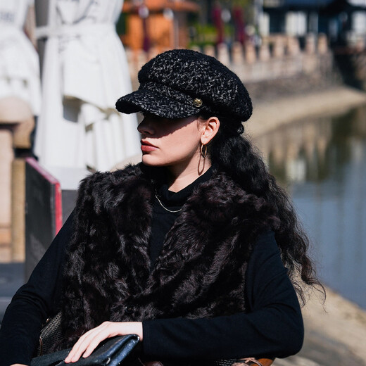 Mr DUCK Dream Weaving Fashionable and Versatile Newsboy Cap Wool Blended French Beret Women's Artistic Painter Hat Shows Small Faces Meaningful Night Black (Newsboy Cap)-MW567101 M (Suitable for 55-56cm head circumference)