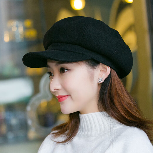 Odaixiu small head circumference hat women's beret Korean style wool octagonal British retro autumn and winter trendy versatile Japanese style literature and art burgundy M adjustable (54-59c)