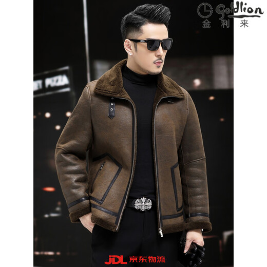GOLDLION G+金利来羊剪男士毛皮外套新羔羊天鹅绒胶囊羊毛外套冬季皮夹克短 军咖 L 建议体重：110斤-125斤