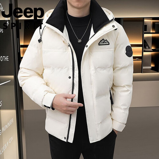 JEEP International Brand Down Jacket Men's Thickened Stand Collar Short Casual New Style 2025 Winter Warm Casual Sports Jacket 8019 White Zipper Pocket Knitted Collar Neck Not Cold L Recommended 95-120 Jin Jin equals 0.5 kg Normal size