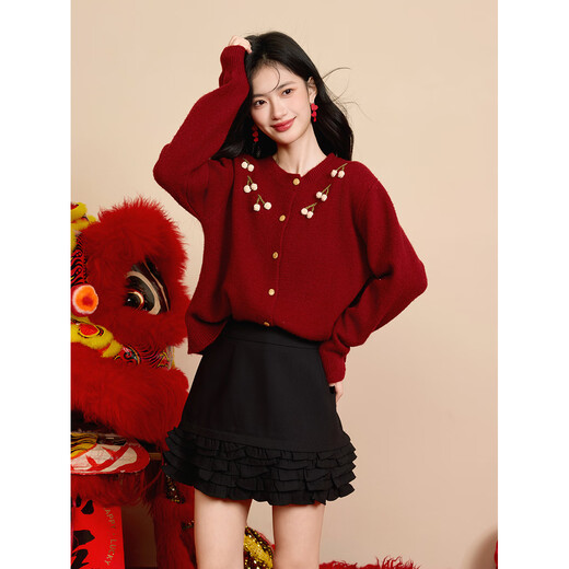 Shangjing Sweater Women's 25 Winter New Women's Clothes Exquisite Three-dimensional Decoration High-end New Year Red Atmosphere Western-style Cardigan Sweater