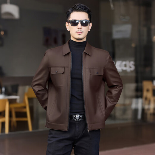 Fei Zhongfei's new men's leather jacket, short style, comfortable and versatile, solid color, crisp collar, brown|8880 XL/180/96A