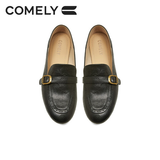 Kangli soft-soled sheepskin loafers for women 26 spring new round-toe metal buckle genuine leather carved commuting small leather shoes British black 37