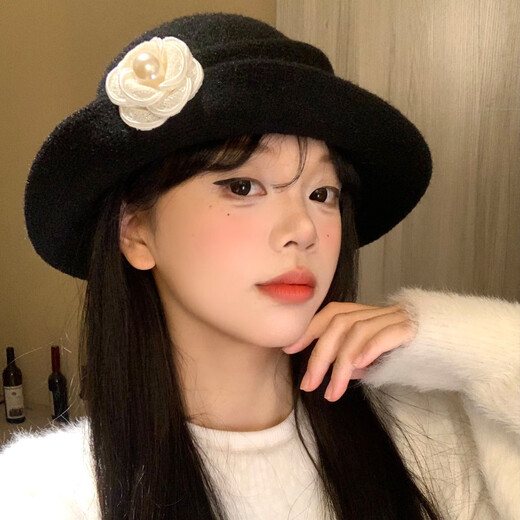 Miao Yijia hat Hepburn style hat for women autumn and winter 2026 new style fashionable and stylish small fisherman hat winter hat black basin hat black camellia gold hat (head circumference about 55-59cm)