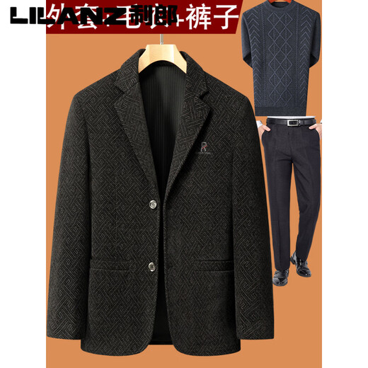 Lilang woolen small suit dad autumn woolen coat middle-aged men spring tops middle-aged and elderly casual suits men plus velvet brown + sweater 2XL 185/100A recommended 138-153Jin Jin equals 0.5 kg