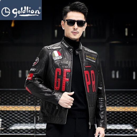 金利来（Goldlion）海宁皮夹克男士短立领修身摩托车套装山羊皮夹克绣花青年帅气夹克 现货黑色 L _170建议130-140斤