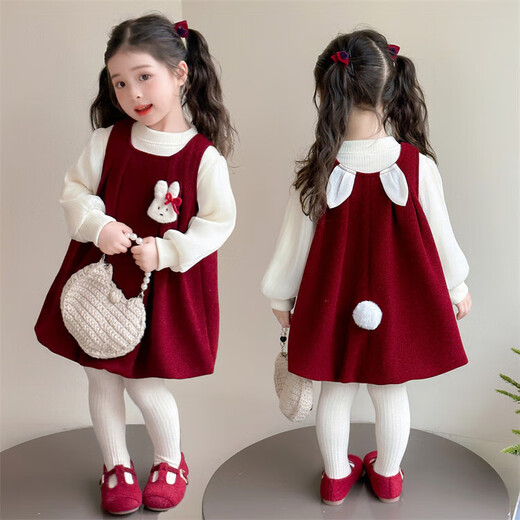 Girls' dress, autumn and winter velvet red princess vest dress, Christmas style New Year's greeting dress, two-piece skirt set for girls, red 110 cm