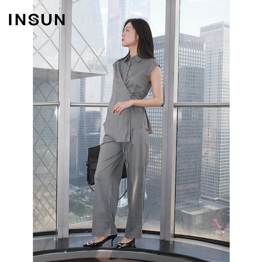 Enshang Enshang Summer Linen Tencel Minimalist Wide Leg Suit Pants Gray L