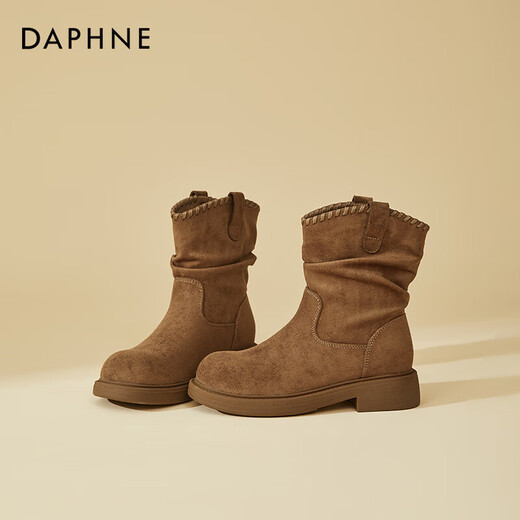 DAPHNE Daphne Retro Velvet Warm Short Boots Women's New Winter Western Cowboy Boots Slim Women's Boots Winter Caramel Color Velvet Heel Height 4cm 35 (225mm) Standard Size