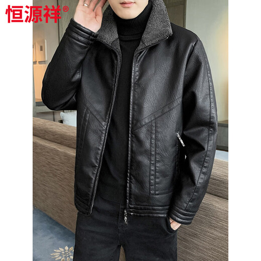 Hengyuanxiang autumn and winter leather jacket men's velvet thickened fur all-in-one warm jacket fat man loose plus size leather jacket trend khaki 6917 6XL