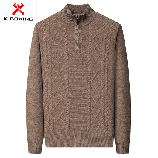 KBXNG Jinba business men's cardigan men's autumn style middle-aged fashion half turtleneck zipper jacquard knitted business camel 3XL 185/56