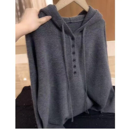 Hot selling hot style gray casual hooded knitted pullover sweater for women 2025 autumn new style simple and loose gray 2XL recommended 126-140Jin Jin equals 0.5 kg