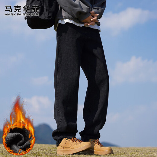 马克华菲（MARK FAIRWHALE）牛仔裤男士冬季美式宽松阔腿裤子男潮休闲裤男裤 黑色加绒 2XL