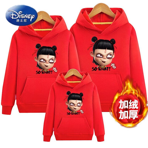 Disney (Disney) parent-child sweatshirt plus velvet winter clothing for a family of three 2026 new hooded trendy Nezha Devil Boy comes into the world hooded Sun Cloud Red 100 Mom XL size