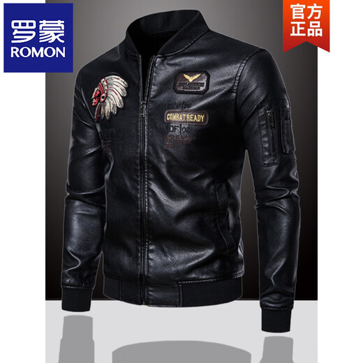 ROMON winter embroidered leather jacket men's winter clothing American handsome men's leather jacket motorcycle jacket plus velvet thickening autumn and winter black + baseball collar + no velvet L recommended 110-125 Jin Jin equals 0.5 kg