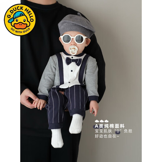 G.duck baby boy one-year-old dress autumn new infant long-sleeved jumpsuit autumn full month baby clothes for a hundred days outing blue tie romper 59cm (recommended 12Jin Jin equals 0.5kg)